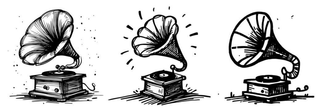 detailed retro gramophones in classic sketch style, black vector artwork