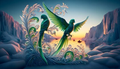 scenic view of green parrots 