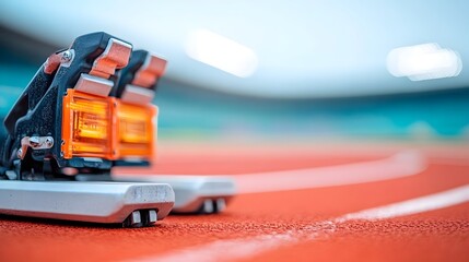 Naklejka premium Close up view of starting blocks on an empty curved track ready for a racing competition The track surface leads off into the distance