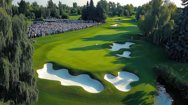 Aerial view of a vibrant golf course with lush greens and sand traps, surrounded by trees and enthusiastic spectators.