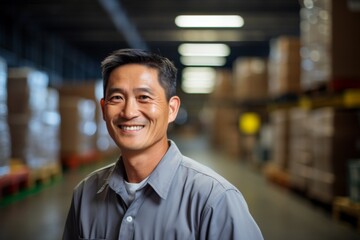 Portrait of a joyful middle aged male Asian warehouse worker