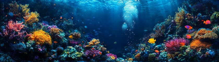 vibrant underwater scene showcases colorful coral reef teeming with diverse marine life. sunlight filters through water, illuminating corals and fish, creating serene and enchanting atmosphere