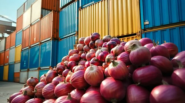 Close-up of onions arranged beside containers at a logistics hub, ready for international shipment