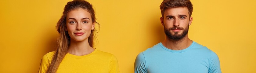 Fototapeta premium dynamic side by side portrait of man and woman against vibrant yellow background, showcasing their confident expressions and colorful attire