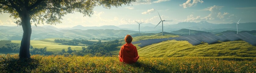 Fototapeta premium peaceful scene of person sitting under tree, surrounded by lush green hills and wind turbines. serene landscape evokes sense of tranquility and connection with nature