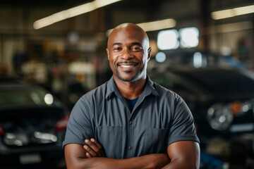 Fototapeta premium Portrait of a middle aged male mechanic in car shop