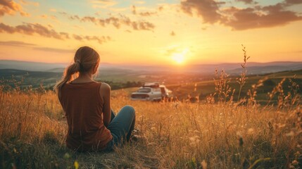 Fototapeta premium Photo on the topic Woman sits with her back to the field and admires the sunset in the mountains created with the help of ai