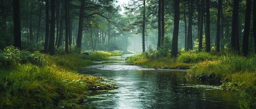 serene countryside landscape with tranquil river flowing through lush greenery and tall trees, creating peaceful atmosphere. soft light enhances natural beauty of scene
