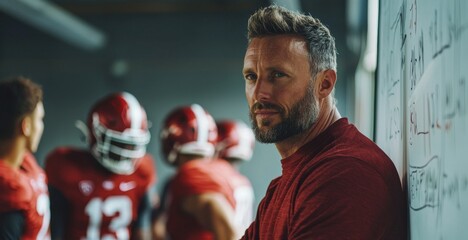 focused football coach stands in training facility, surrounded by players in red uniforms. atmosphere is intense, reflecting dedication and teamwork