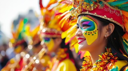 Fototapeta premium Colorful festival participant with traditional attire and vibrant makeup.