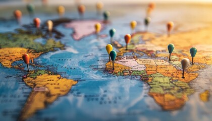 detailed world map with colorful pins marking various locations, showcasing sense of exploration and adventure. vibrant colors of pins contrast beautifully with maps intricate details