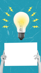 Modern art collage showing a hand holding a piece of paper and a light bulb, a symbol of an idea.
