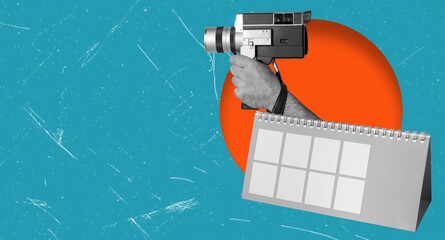 Modern art collage with the image of old video camera and calendar on blue background.