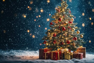 A beautifully decorated Christmas tree covered in snow with glowing lights, red and gold ornaments, and surrounded by wrapped gifts. 