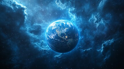 Obraz premium A close-up view of planet Earth surrounded by glowing clouds and stars.