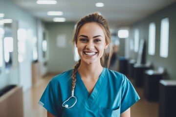 Fototapeta premium Portrait of a young nurse in scrubs at hospital