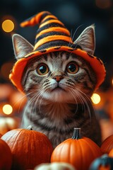 A cute cat in a Halloween costume in the studio on a dark background. The cat depicts a witch with pumpkins on Halloween