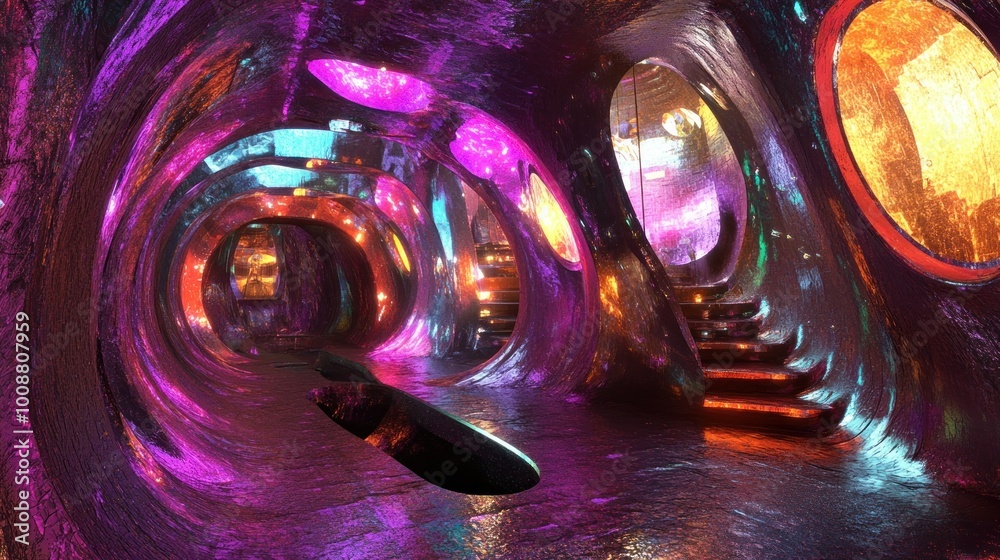 Poster Abstract Colorful Cave Interior with Glowing Circular Windows