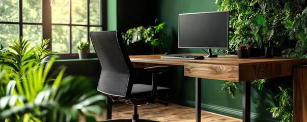 Professional workspace with stylish mockup frame, sleek office layout with natural lighting and highend furnishings