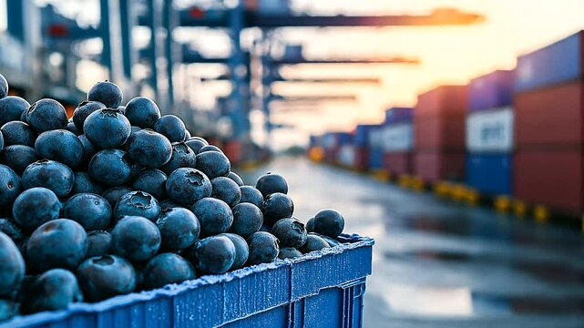 Close-up of fresh blueberries beside containers at a busy shipping dock, symbolizing the export of global produce