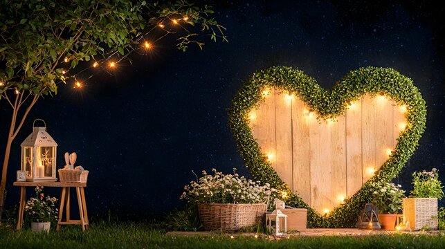 Enchanting heart shaped topiary surrounded by lush greenery adorned with twinkling lights that create a warm romantic atmosphere in a serene garden landscape