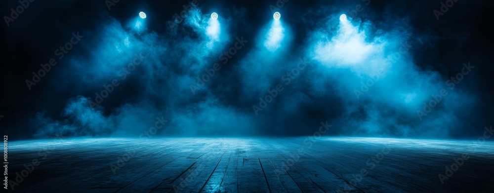 Wall mural an open stage with smoke and fog in the background getting highlighted by spotlights, professional p