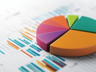 Colorful pie chart on a financial report with data visuals.