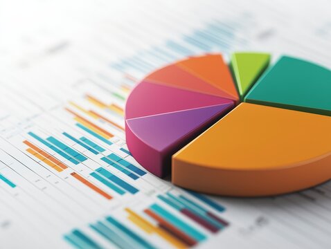 Colorful pie chart on a financial report with data visuals.