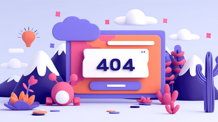 Colorful 404 error page design featuring whimsical mountains, clouds, and plants in a modern digital environment