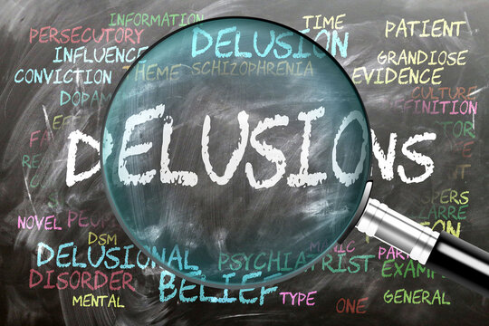 Delusions being studied, examined - under close inspection. Most important subjects and ideas closely related to delusions written on a blackboard inspected by a magnifying glass. ,3d illustration
