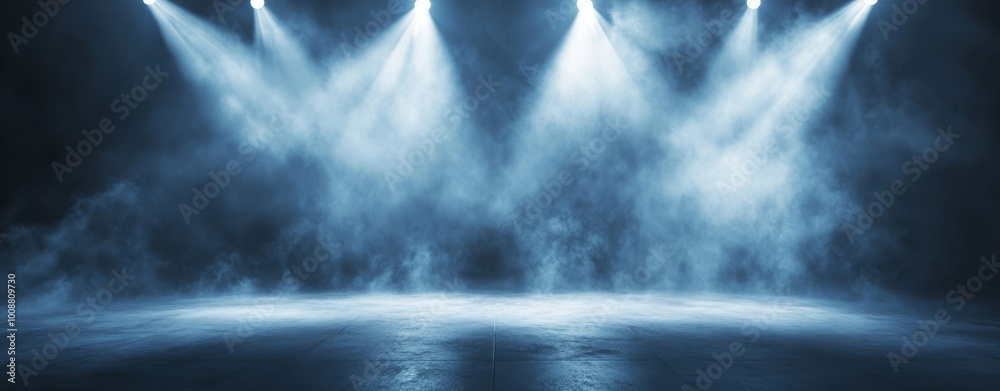 Wall mural an open stage with smoke and fog in the background getting highlighted by spotlights, professional p