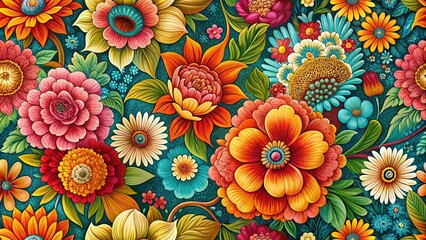 A vibrant tapestry of blooming flowers, each petal painted with intricate detail, bursting forth on a backdrop of rich teal, showcasing a harmonious symphony of colors and textures.