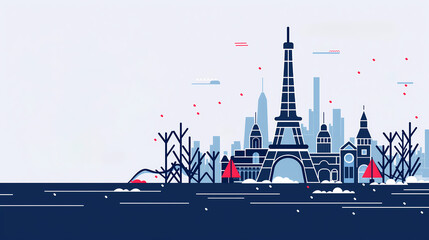 Obraz premium Winter skyline featuring the Eiffel Tower and cityscape, showcasing a serene scene with snow and bare trees