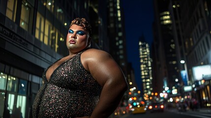A bulky man with heavy makeup, wearing a tight evening gown, confidently posing for a photo shoot in the city