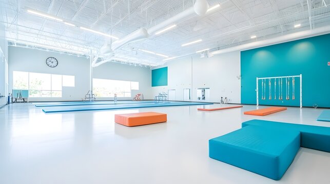 Highly organized and pristine indoor gymnastics training facility featuring clean mats balance beams and parallel bars arranged in a structured layout for athletic practice and exercise