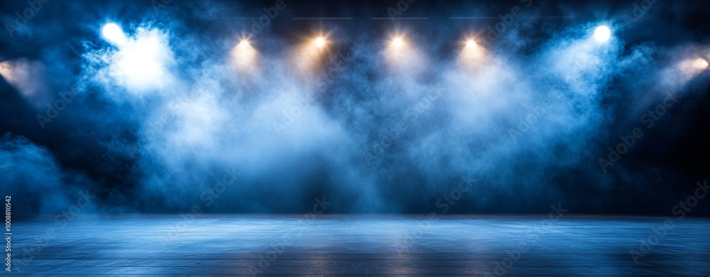 Poster an open stage with smoke and fog in the background getting highlighted by spotlights, professional p