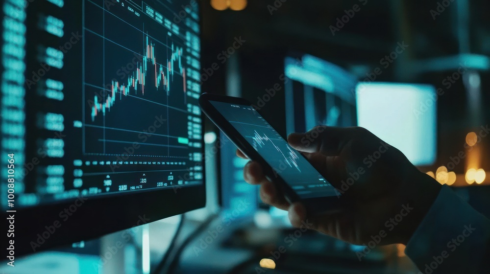 Poster A Hand Holding a Smartphone Displays a Stock Market Graph, With a Computer Monitor Displaying Similar Data in the Background.