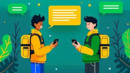 Two young friends with backpacks exchanging messages outdoors in a vibrant setting during the day