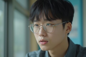 Young man with glasses looking thoughtful, close-up portrait in a natural light setting, casual and focused expression.
