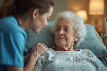 Nurse providing compassionate care to elderly woman in a nursing home, offering comfort and support