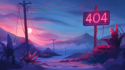 A vibrant sunset landscape with a glowing 404 sign and telephone poles in a serene, deserted setting