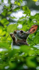Obraz premium A rabbit nibbling on a green leaf amid lush foliage.