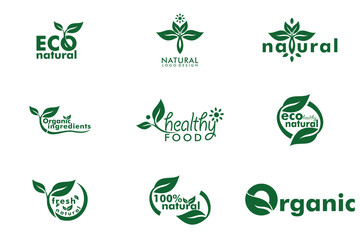 Set of organic, eco, natural, bio food labels. Collection logos for healthy food. Green emblems for promotion natural products