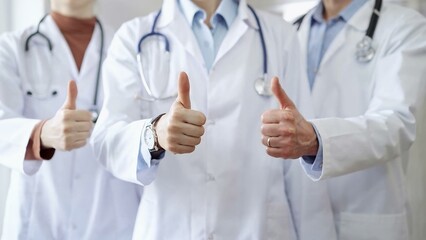 Group of doctors are are standing and showing thumbs up in hospital corridor. Medicine excellent service