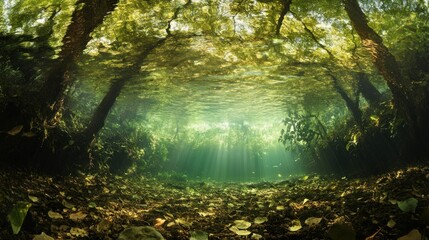 Obraz premium Underwater View of Sunlight Filtering Through Lush Green Trees
