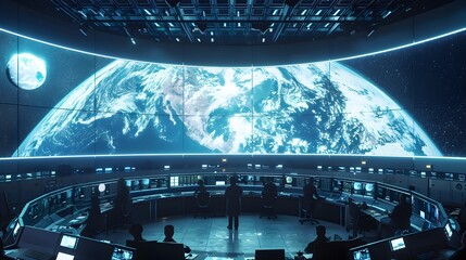 Futuristic Climate Control Center Monitoring Global Weather and Climate Data in Real Time