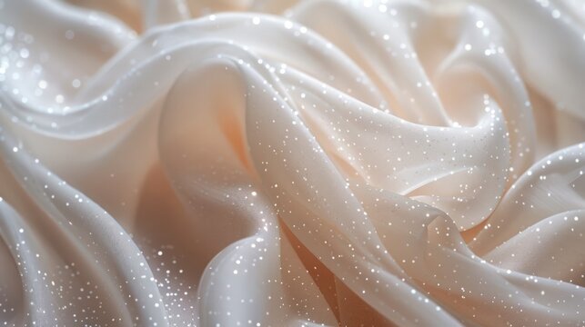 A white tulle fabric with delicate ripples and sparkling glitter, bathed in soft light, creating an ethereal atmosphere. The background is adorned with stars,