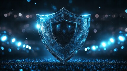 Fototapeta premium A glowing blue shield stands on a dark background with sparkling lights.