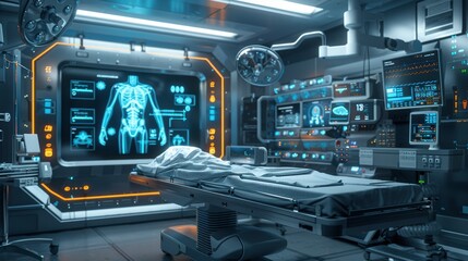 Advanced robotic technology in an operating room, executing laser surgery with holographic displays of patient data and surgical procedures.