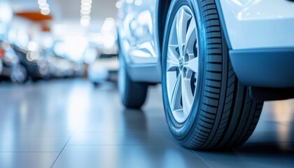 Close-up of a new car tire in a modern car dealership showroom with vehicles for sale